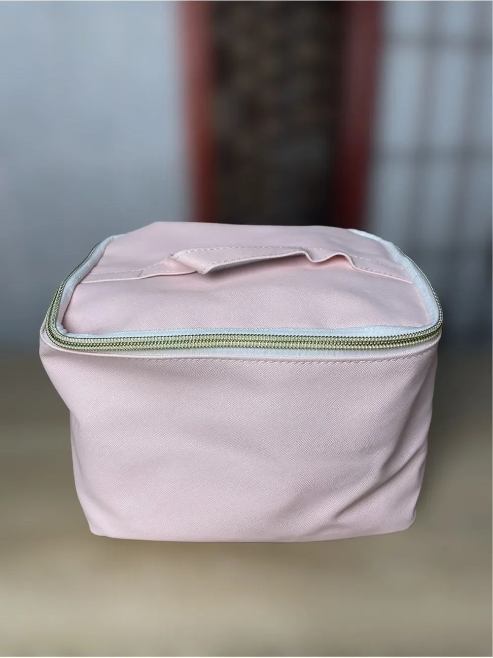 Pink Compact Travel Cosmetic Bag with Top Handle & Gold Hardware - Textured